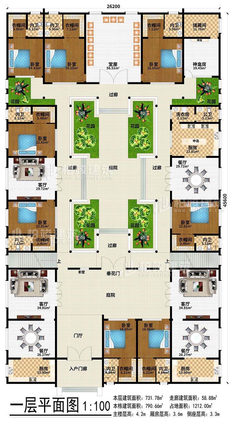 一层：入户门廊、门厅、3餐厅、3厨房、3客厅、堂屋、神龛、神龛房、储物间、6花园、4过廊、2庭院、影壁、垂花门、中岛、洗衣房、公卫、8卧室、8衣帽间、8内卫